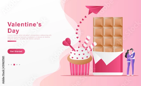 Fototapeta Vector illustration valentine. happy couple are sharing story of love, concept of chocolate, cake, paper plane and traces of heart. for banner, ads, app, landing page, website, ui. Flat cartoon style