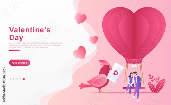 Fototapeta Vector illustration. happy couple sitting on a blimp enjoying valentine, a bird carrying an envelope of love messages, ballons love and plants. concept landing page, frame, website. Flat cartoon style