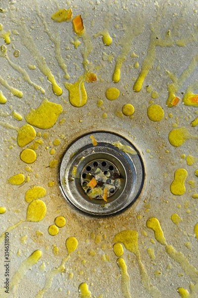 Fototapeta A dirty and littered sink with yellow grease stains.