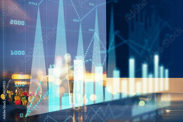 Fototapeta Forex market graph hologram and personal computer on background. Multi exposure. Concept of investment.