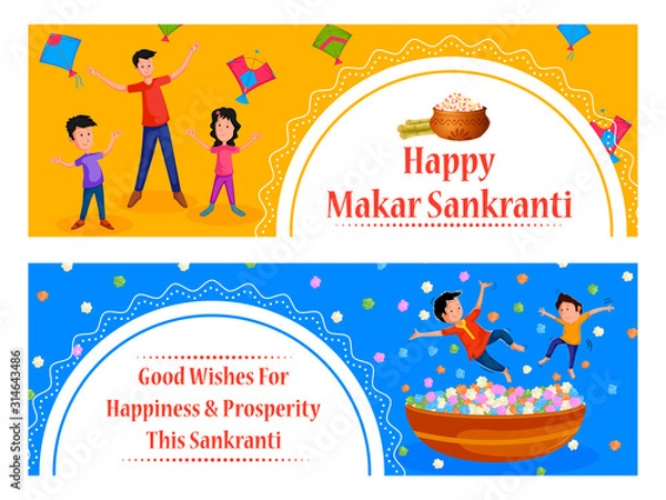 Fototapeta Family flying kite for Happy Makar Sankrant in vector