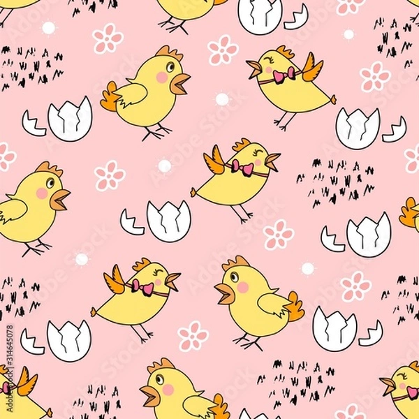 Obraz Seamless pattern with yellow chick's, flowers.Happy Easter template. Pastel child print