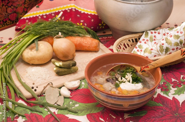 Obraz Русское национальное блюдо- рассольник с куриными потрохами