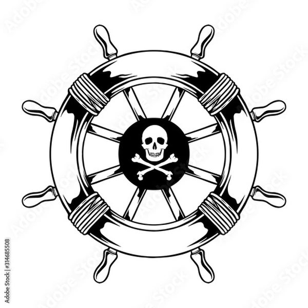 Obraz monochrome pirates ship steering wheel. vector object illustration