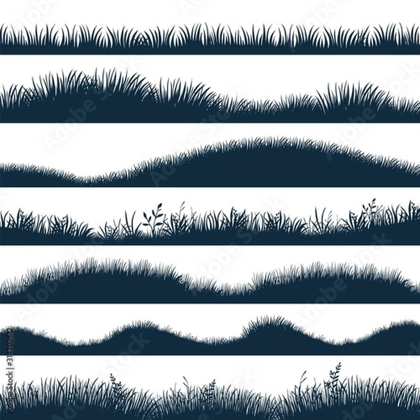Fototapeta Grass silhouette. Horizontal hills with plants and weed, cartoon wavy meadow and grassland. Vector black marsh set, natural lawn to decoration edge field or background elements