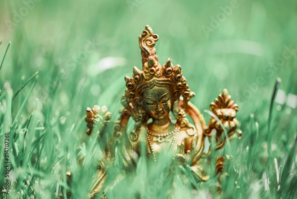 Obraz Figure of a female Buddhist deity (Green Tara) sitting on a lawn 