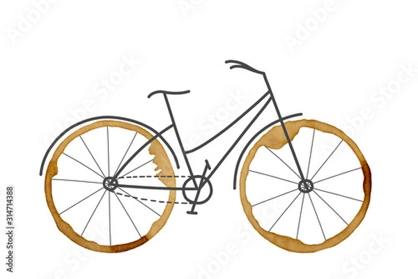 Fototapeta A sketch of a bicycle with coffee rings instead of wheels on a white background