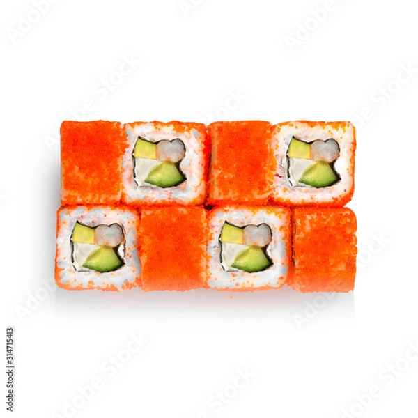 Fototapeta Sushi japanese roll set. Top view, isolated. Shrimp, avocado, cheese, cucumber, caviar.