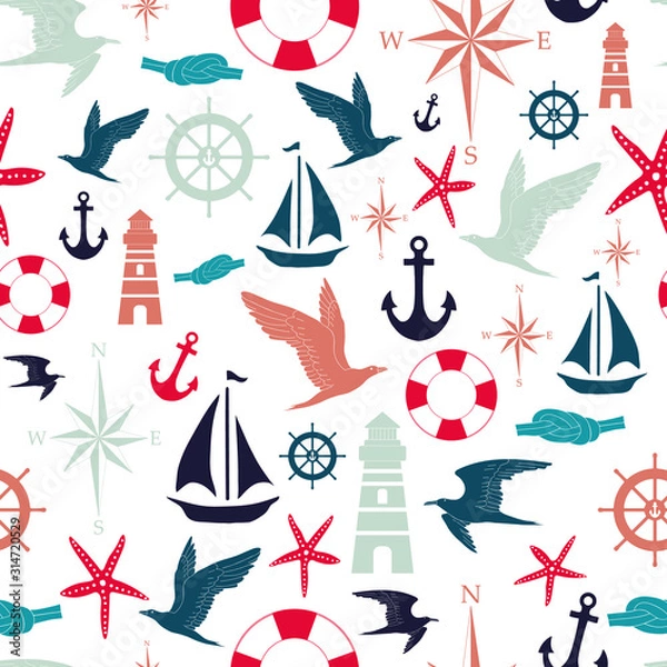 Fototapeta Vector white and red nautical elements seamless pattern background