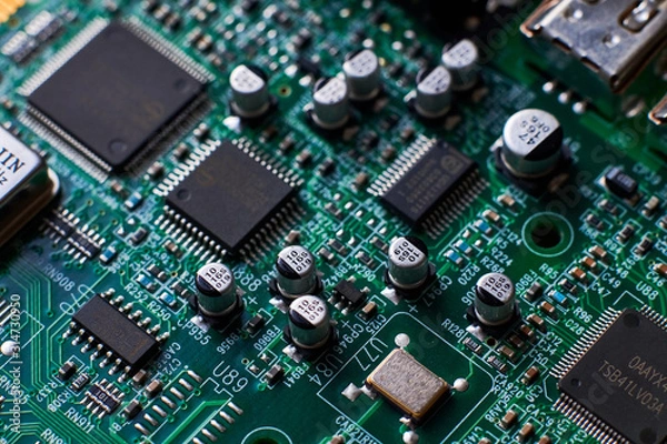 Fototapeta printed circuit Board with chips and radio components electronics