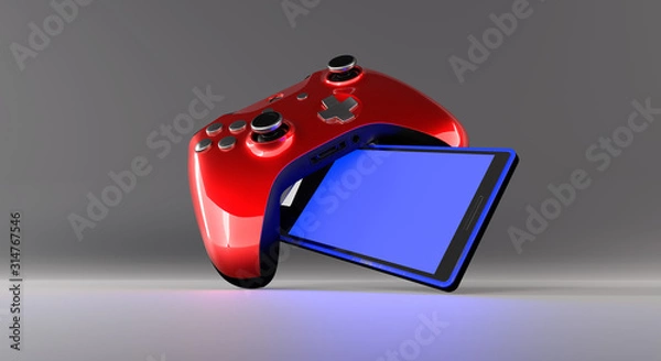 Obraz Video game controller and smartphone isolated on darkness background