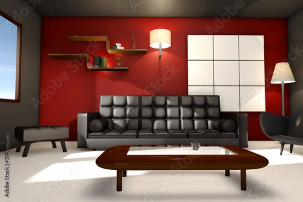 Fototapeta Modern living room space 3D Render CGI, with leather sofa and chairs red walls and book shelves, beautiful illumination light and kitchen space