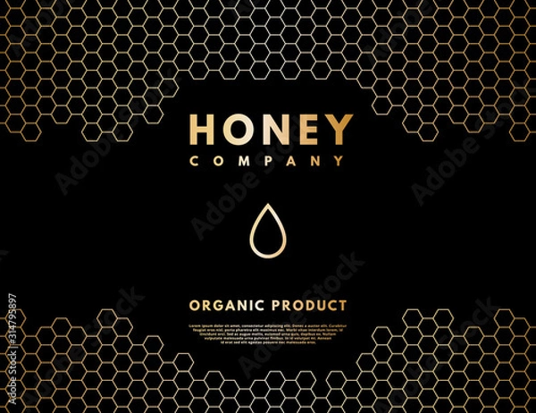 Fototapeta Honey logo with gold gradient honey drop in frame honeycombs.