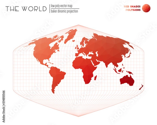 Fototapeta Low poly world map. Baker Dinomic projection of the world. Red shades colored polygons. Stylish vector illustration.