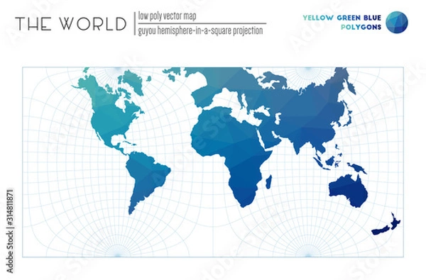 Fototapeta Triangular mesh of the world. Guyou hemisphere-in-a-square projection of the world. Yellow, Green, Blue colored polygons. Contemporary vector illustration.