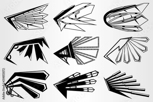 Fototapeta A set of robot wings of the future. Wings in the style of manga. Black and white set of wings from various mechanisms. The cyberpunk style. Tattoo drawing.