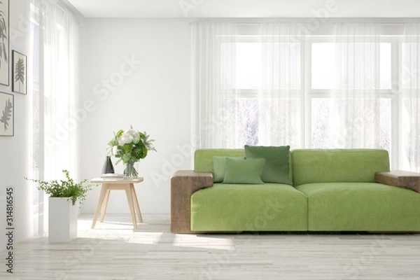 Fototapeta Stylish room in white color with green sofa. Scandinavian interior design. 3D illustration