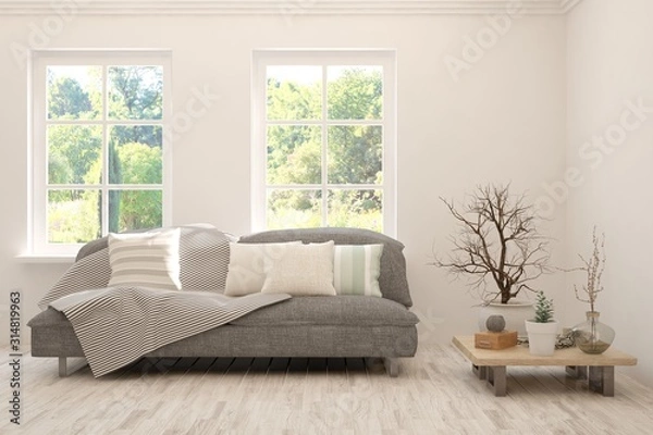 Obraz Stylish room in white color with sofa and summer landscape in window. Scandinavian interior design. 3D illustration