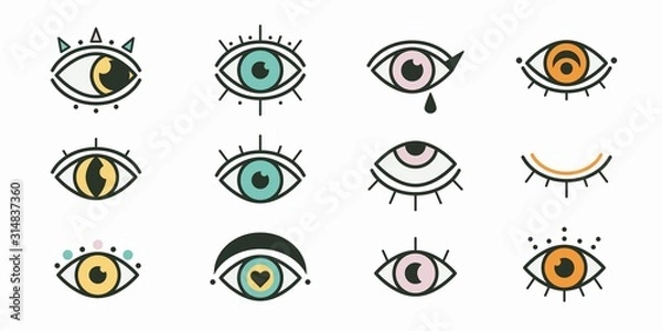 Fototapeta Abstract outline colored eyes, eyelashes. Closed and open. Minimalistic look and vision icons. Graphic vector set. Simple design. Trendy illustration. All elements are isolated