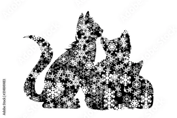 Fototapeta Vector silhouette of snowy cats on white background. Symbol of kitty in winter with snowflakes.