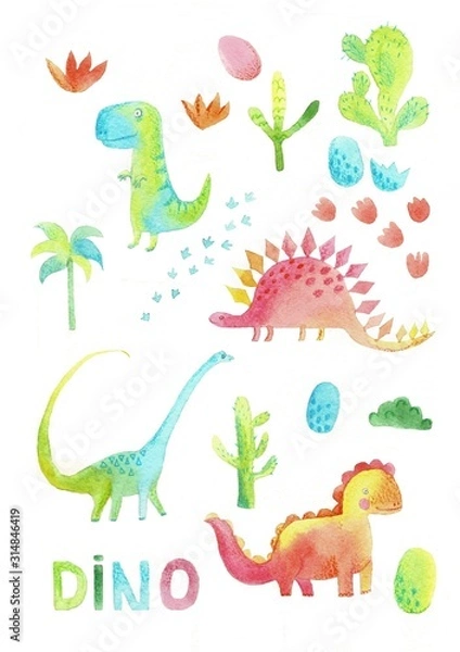 Fototapeta Set of cute dinosaurs in cartoon style on a white background, watercolor. Dino character, tropical florals