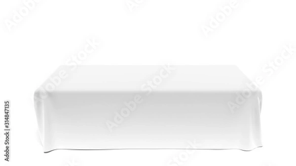 Fototapeta White empty cloth table isolated on white background, studio image closeup. Blank tablecloth mockup stand display for conference, show, brand events presentation. Three-dimentional blank surface.