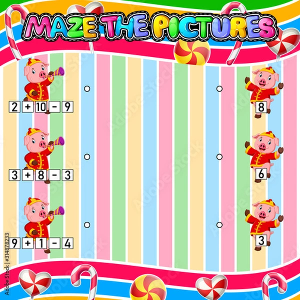 Obraz Worksheet with exercises for children on addition and subtraction. Solve counting and connecting to each result