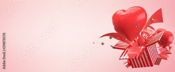 Fototapeta 3d render background of gift box and heart pop up and explode in the concept of love and happy valentine.