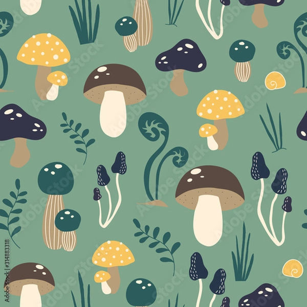 Fototapeta Cute vector pattern with mushrooms in the forest