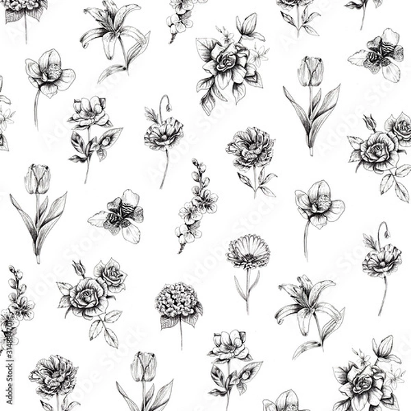 Fototapeta Botanic Ink Black and White Pattern