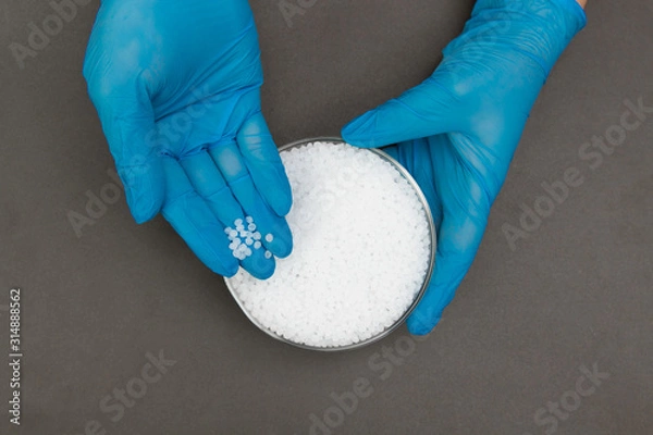 Fototapeta Plastic granules . Polypropylene, polyethylene pellets in hands with gloves. Quality control of plastic in the laboratory in production