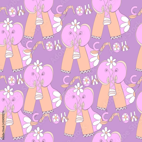 Fototapeta Seamless pattern with cute pink elephants on a powdery stylish background.
