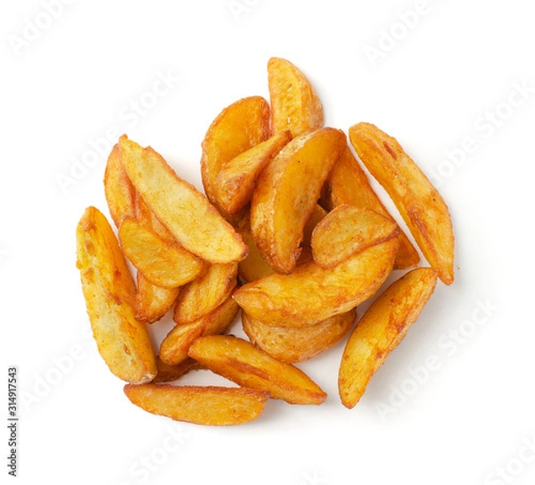 Obraz Portion of fresh baked potato wedges, isolated. Top view.