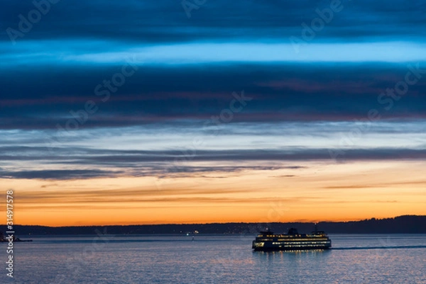 Obraz Ferry boat crossing Puget Sound near Seattle at sunset. 