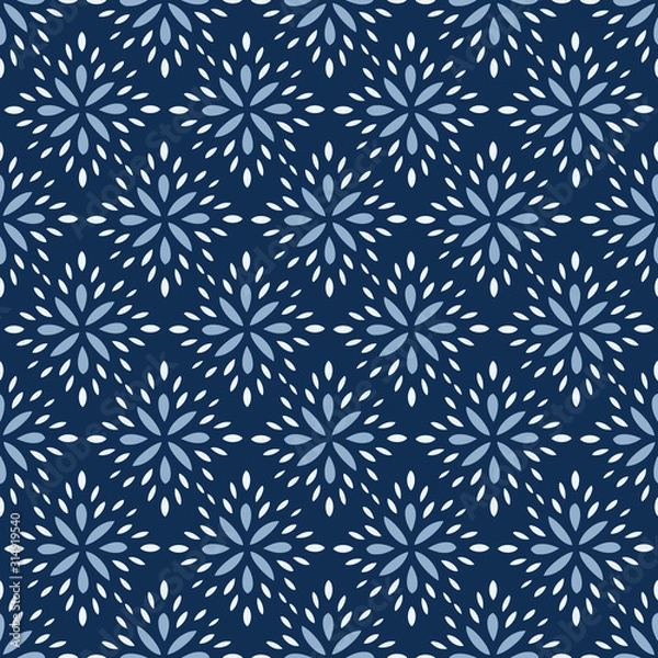 Fototapeta Seamless Vector Pattern of abstract flower petals in classic blue. Dense pattern of hand drawn diamond shaped floral elements in a simple, brick repeat pattern. 
