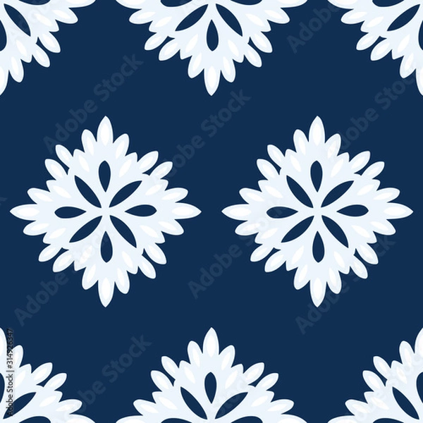 Fototapeta Abstract floral seamless repeat pattern in navy blue and white. Simple pattern of very light blue and white flowers on a navy blue background. Colors coordinate with color of the year Classic Blue.