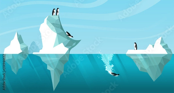 Fototapeta Arctic daytime landscape showing white icebergs floating in the ocean. Penguins roll off an iceberg like a slide and dive into the water. One penguin is swimming underwater. Vector. Wildlife scene 