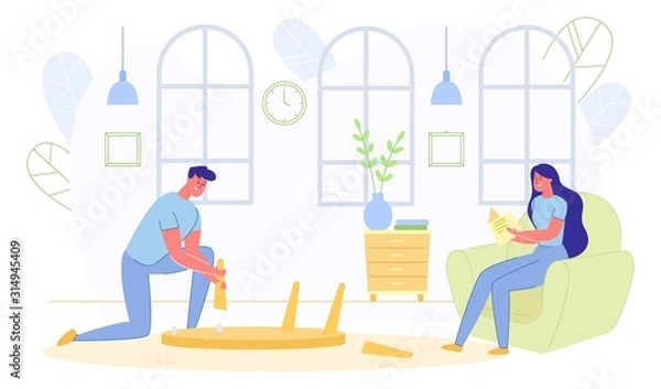 Fototapeta Man Fixing Broken Table and Woman Reading Book.