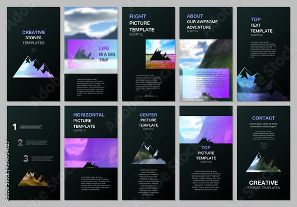 Obraz Creative social networks stories design, vertical banner or flyer template. Covers design templates for flyer, brochure. Background for tourist camp, nature tourism, camping. Aadventure design concept