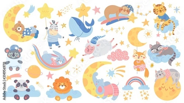 Fototapeta Isolated set with cute sleeping animal. Collection with stars, moon and cloud. Sweet dream. Good night. Pajamas party with pillow. Vector illustration