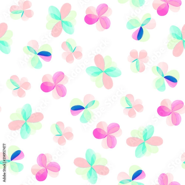 Fototapeta Delicate pink and blue flowers on white background seamless pattern. Infantile spring endless texture of simple blooming flowers for textile, wallpaper and wrapping. Soft floral texture for girls.