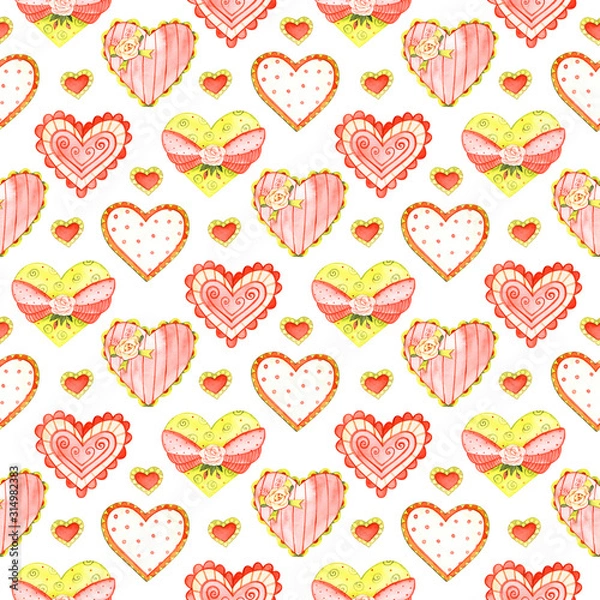 Fototapeta Red romantic seamless pattern with heart. Hand painted watercolor stock illustration. Perfect for birthday, valentine, wedding invitations cards.