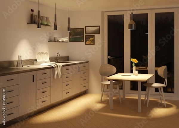 Obraz Night kitchen interior with lighted counter top. Dining table with chairs. Large panoramic window. 3D rendering. 3D illustration.