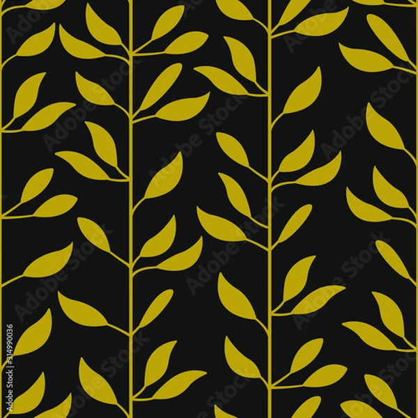 Fototapeta Abstract floral seamless pattern with vertical golden branches and leaves on black background; floral design for fabric, wallpaper, textile, web design.