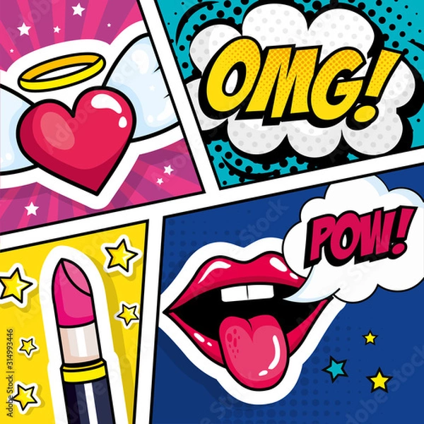 Obraz lipstick with expressions and heart pop art style vector illustration design