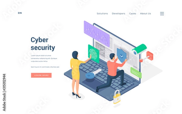 Fototapeta Isometric man and woman submitting fingerprint scan man putting protection shield on data of laptop vector illustration