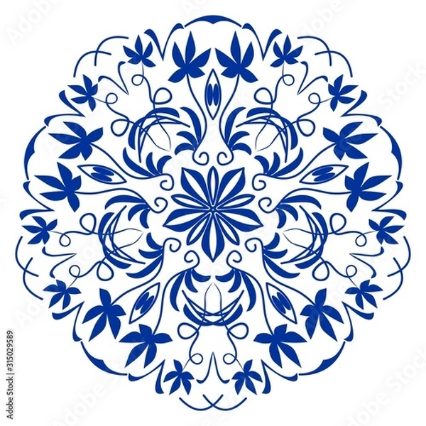 Fototapeta Ornamental circle patterns in Spain or Potruguese styleblue ceramics design,, azulejo, vector design