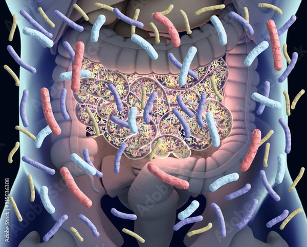 Fototapeta Gut bacteria , gut flora, microbiome. Bacteria inside the small intestine, concept, representation. 3D illustration.