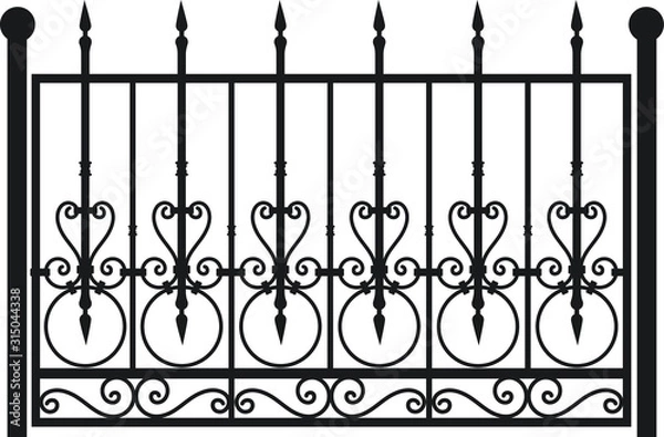 Fototapeta Steel railing panels that include balls, flowers, leaves and rosettes. Aluminum handrail, vector construction. Use these decorative iron cross bars to create a unique window guard or balcony railing. 