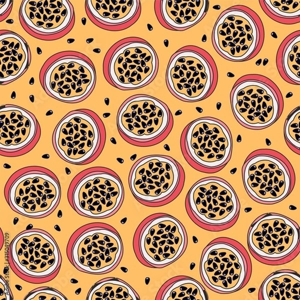 Fototapeta Seamless vector pattern with passion fruit. Tropical, summer background for textiles or paper.